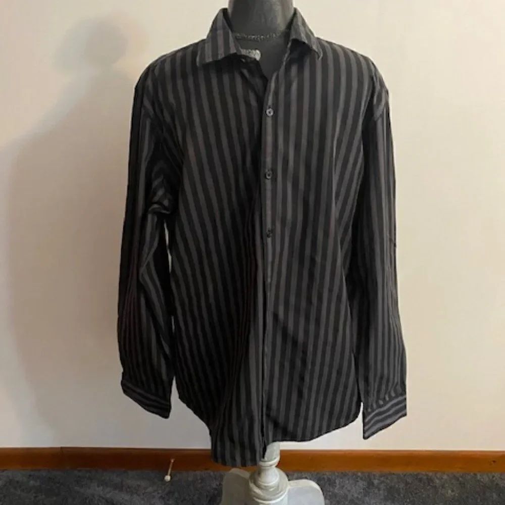 Marc Anthony Gray/Black stripe button-down slim fit shirt, size XL